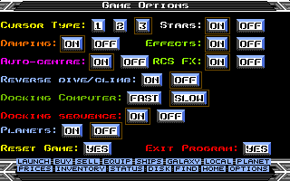 Game Options · Stars, RCS FX and Planets join the original controls.